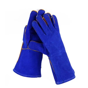 16 Piece Wholesale Argon 14inch Blue Cowhide Cow Split Leather Heat Resistant Welder Gloves Long Stick Construction Safety