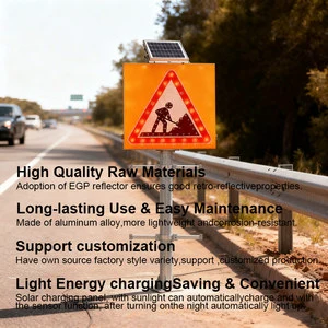Solar Powered Aluminum Traffic Directional Sign High Reflective Film Square Board Customized Solar LED Flashing Warning Signal