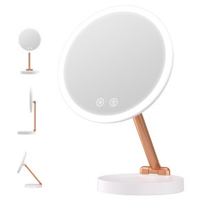 3 Color Lights Dimmable LED Round Makeup Mirror Double-axis Rose Gold Arm Type-C Rechargeable Cosmetic Mirror