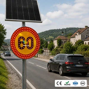 60km/h Circular Solar LED Speed Limit Sign Reflective Aluminum Sheet High Brightness Flashing Traffic Warning Sign Factory