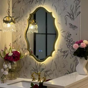 French-style Oval Embossed Plastic MDF Illuminated LED Smart Touch-control Lightweight Washroom Vanity Wall-mounted Mirror
