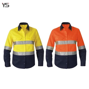 Two-tone Cotton ANSI 2 Breathable High-visibility Work Shirt with Hi Vis Strips, Men's Long Sleeves, Customizable logo
