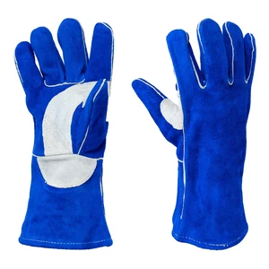 New Arrival Customized Made Blue Leather Welding Gloves Gauntlets Thermal Resistant Protection for Professional Fab Shops