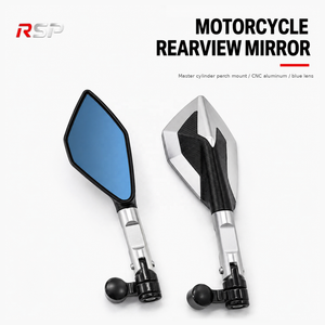 Universal Short Stem Motorcycle Rearview Mirror Pair CNC Aluminum Pentagonal Side Mirror Blue Convex Glass M8 M10 Scooter