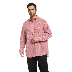 OEM Custom NFPA 2112 Long Sleeve Flame Resistant Safety Work Shirt Red White Checkered FR Fire Resistant Workwear Welding Oil