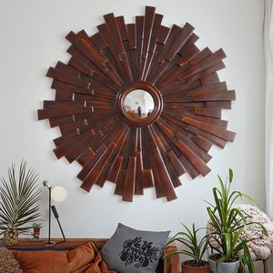 Elegant Antique Sunburst Convex Wall Mirror Faked Wood Design Art Deco Style Wall Hanging Decorative Convex Mirror Made of Resin