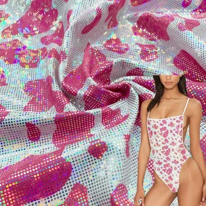 High Quality Custom Hologram Metallic Reflective Cow Printed Foil Nylon Spandex Fabric for Women Swimsuit Dresses Cosplay Outfit