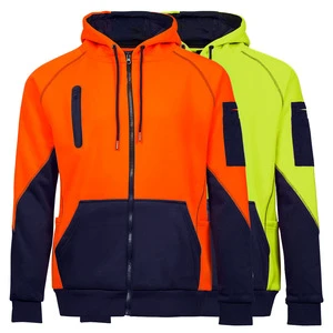 9 OZ Fleece Fabric Class 3 Hi Vis Contrast Black Bottom Zip Closure Hoodie Sweatshirt Mens Waterproof Hi-Vis Fleece Hoodie