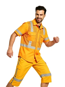 Bright Yellow 360° Top & Pants Full Reflective Workwear Set ANSI Mesh Uniform Summer 3/4 Pants Road Construction Safety Suit