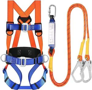 ES CE Standards Safety Harness Fall Protection Kit Full Body Roof Harnesses with Shock-Absorbing Lanyard Comfortable Waist Pad