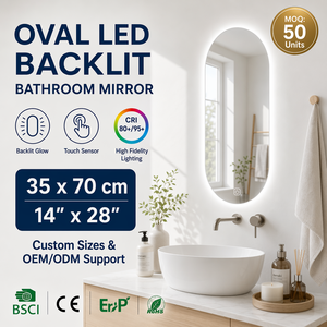 Joystar OEM Modern Oval Smart LED Bathroom Mirror With Backlit Light, 35x70cm Dimmable 6500K, Touch Screen With 1 Hook
