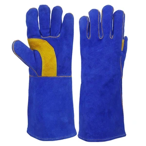 New Design Blue Leather Welding Gloves With Yellow Palm Reinforcement Inset Thumb Stick Wholesale Price Welder Work Gloves
