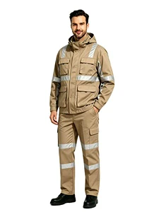 OEM Custom Outdoor Style Reflective Safety Work Suit Khaki Water Resistant Hooded Uniform Landscaping Property Workwear