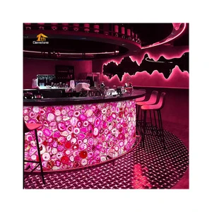 Custom Luxury Natural Pink Agate Stone Onyx Marble Backlit Bar Counter