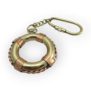 Vintage Solid Golden Brass Nautical Lifebuoy Keychain UV Printed Life Saver Ring with Copper Accents