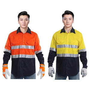 Customized Logo Two-Piece Work Uniforms Pure Cotton Long Sleeve ANSI Class 3 Hi-vis LED Flash Reflective Shirt Safety Clothing