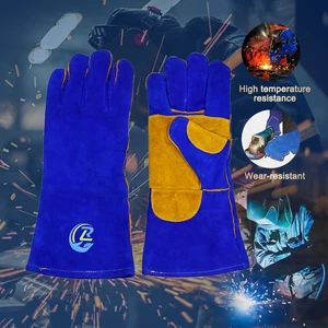 Wholesale Guantes Para Soldar Labor Ce Custom Blue 16 Inch Safety Work Welding Hand Gloves Cow Split Leather Heat Resistant