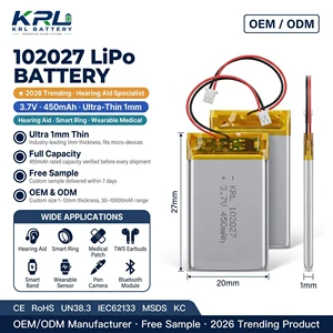 KRL 102027 1mm Ultra Thin LiPo Battery 3.7V 450mAh CE RoHS for Hearing Aid Audiphone In-Ear Medical Device OEM
