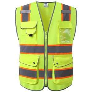 Customize Logo Multi Pockets Men's Reflective Vest Security Yellow Safety Vest Roadway Working Hi Vis Vest Safety Clothing
