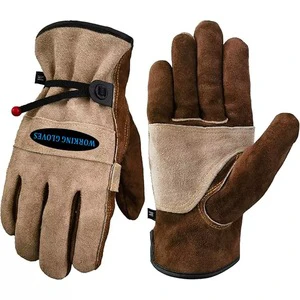 Heavy Duty Cow Split Leather Welder Gloves Heat Resistant Soft Cotton Lining Wing Thumb Pasting Puncture Proof Drawstring Gloves