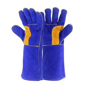 CE EN388 EN407 Heat Resistant Industrial Tig Mig Argon Arc Blue Cow Split Leather Safety Work Welding Hand Gloves for Welder
