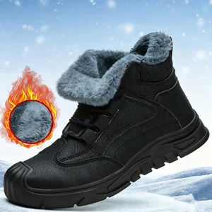 Men's Fashion Cow Suede Winter Labor protection Safety Shoes Plus Velvet Warm Anti-slip Puncture Work Shoes Boots