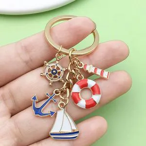 Customized Nautical Theme Keychain Set Gold Metal Key Ring Anchor Lifebuoy Sailboat Charms Personalized Souvenir Gift Bulk