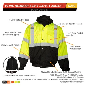 Full Zip Hi Vis Segmented Reflective Tape Waterproof Padded Construction Workwear Safety Bomber Jacket