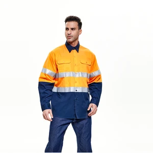 Hi Vis Reflective Work Shirt Orange-Navy Breathable Safety Uniform Long Sleeve Shirt Underarm With Breathable Mesh Fabric