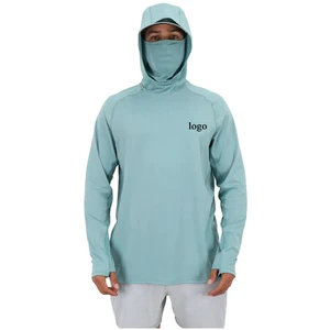 Custom Logo Men's UPF50+ Sun Protection Hiking Shirts Long Sleeve Fishing Hoodie With Face Mask Best Performance Fishing Shirts