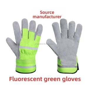 Wholesale 10.5 Cow Split Leather Welding Gloves Green Fluorescent Cloth Wear-Resistant Anti-Chemical Safety Gloves