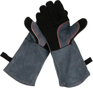 Heat Resistant Leather Forge Welding Glove with Flame Retardant Long Sleeve and Insulated Lining for Men and Women Black-Gray