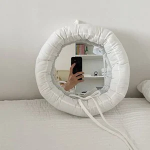 Large Soft Cotton Padded Round Vanity Mirror Fabric Wrapped Decorative Wall Mirror For Bedroom