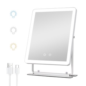 Square LED Makeup Mirror 3 Color Lights Dimmable Brightness Touch Control Adjustable Angle Rechargeable Vanity Mirror