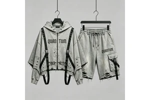 Wholesale OEM Apparel Acid Wash Techwear 2 Piece Jacket Set Distressed Cyberpunk Cargo Jogger Streetwear Kornit DTG Print
