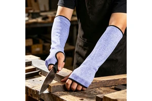 Blue and White Level 5 HPPE Cut-resistant Arm Sleeves with Thumb Hole, Black Binding