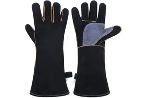 16 Inch Black Cow Split Leather Grey Reinforcement Fire Heat Resist Heavy Duty Safety Work Normal Welding Hand Gloves