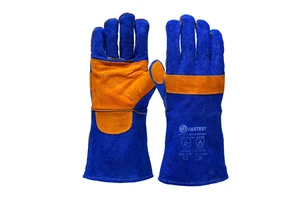 FT6636 14Inch Heat Resistant Cow Split Leather Welding Gloves Blue Five Finger Work Safety Gloves with Reinforced Palm
