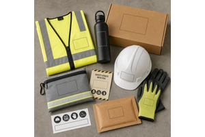 Custom Jobsite Safety PPE Welcome Kit With Hi Vis Vest Work Gloves Helmet Sticker Bottle And Mailer
