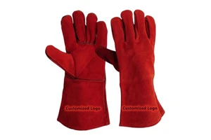 Custom Heat Sparks Resistant Hot Cutting Material Handling Mig Tig Stick Welder Gloves Split Cowhide Leather Red Welding Gloves