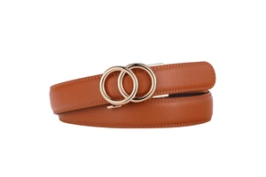 Fashion Brown Leather Belt For Women With Gold Double-Ring Buckle
