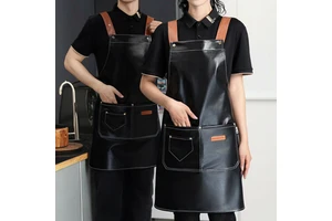 Custom Logo Waterproof Oil Proof Soft PU Leather Bib Apron With Sleeves Catering Restaurant Kitchen Chef Cooking Work Uniform