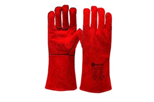 FT6632 14 Inch Heat Resistant Cow Split Leather Welding Gloves Red 5 Finger Heavy Duty Industrial Safety Welder Gloves