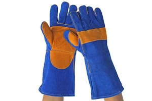 XL Blue Cowhide Split Leather Welding Gloves with Thumb Protect Reinforcement Waterproof and Heat Resistant for Safety Use