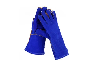 16 Piece Wholesale Argon 14inch Blue Cowhide Cow Split Leather Heat Resistant Welder Gloves Long Stick Construction Safety