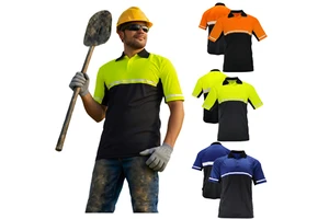 Custom Hi Vis Safety Polo Shirt With Reflective Tape Quick Dry Two Tone Black Bottom, High Visibility Workwear For Construction