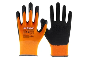 China Factory Price Custom Orange Black Latex Polyester Foam Coated Anti-Slip JINHU Brand Safety Work Welding Gloves