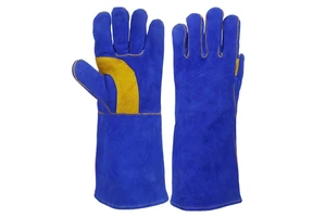 New Design Blue Leather Welding Gloves With Yellow Palm Reinforcement Inset Thumb Stick Wholesale Price Welder Work Gloves