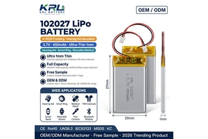 KRL 102027 1mm Ultra Thin LiPo Battery 3.7V 450mAh CE RoHS for Hearing Aid Audiphone In-Ear Medical Device OEM