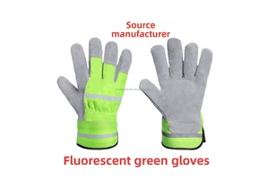 Wholesale 10.5 Cow Split Leather Welding Gloves Green Fluorescent Cloth Wear-Resistant Anti-Chemical Safety Gloves